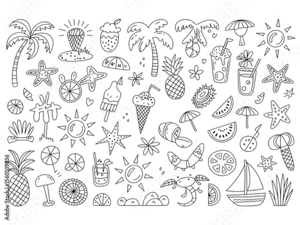 Fototapeta "Hand-Drawn Summer Doodle Icons ,Tropical Beach Elements Coloring Page"