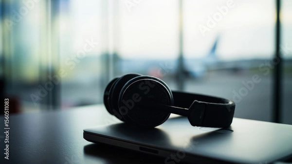 Fototapeta Black headphones resting on a closed laptop with a blurred airport scene visible through the window in the background