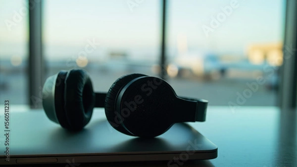 Fototapeta Black headphones resting on a closed silver laptop near a window with a blurred airport background during daytime