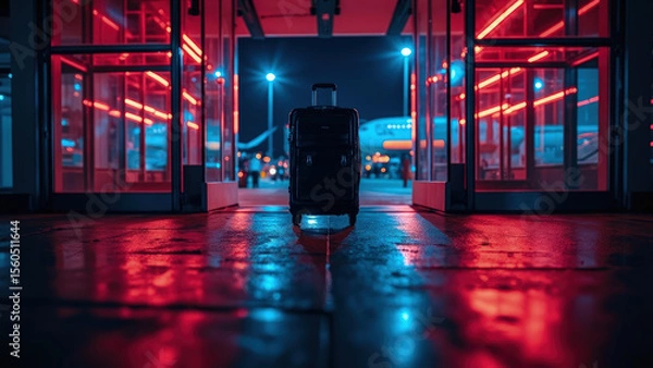 Fototapeta Black rolling suitcase stands in front of an airport terminal entrance with red and blue neon lights and a plane in the background