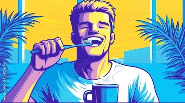 Fototapeta Bright morning routine featuring a young man brushing teeth while sipping coffee in a lively atmosphere