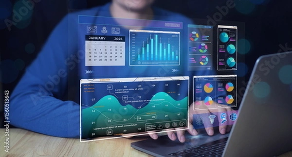 Fototapeta Business data analysis digital dashboard displays business data, financial reports, sales analytics, and market research insights for planning, growth tracking, and financial auditing.