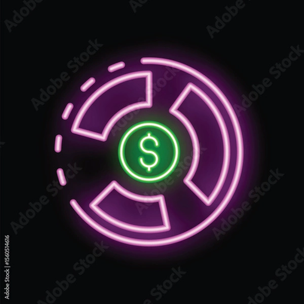 Fototapeta Neon sign is glowing in the dark, representing the concept of money management with a pie chart and a dollar sign
