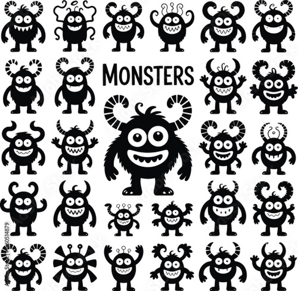 Fototapeta Silhouette Icon Set of Whimsical Cartoon Monsters Arranged in Grid with “MONSTERS” Text in Bold Center