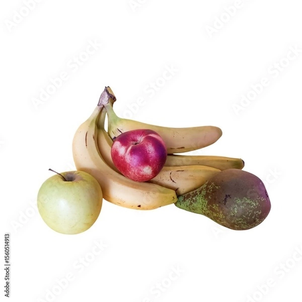 Obraz Composition of imperfect fruits on white background. bananas green apples nectarine and pear