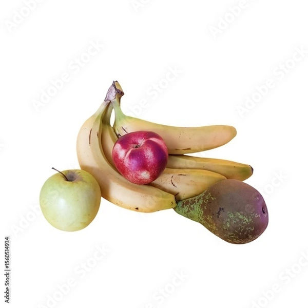 Obraz Composition of imperfect fruits on white background. bananas green apples nectarine and pear