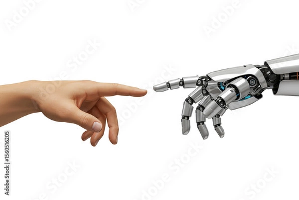 Obraz Human and robotic hands touching, PNG isolated on transparent background, futuristic connection concept