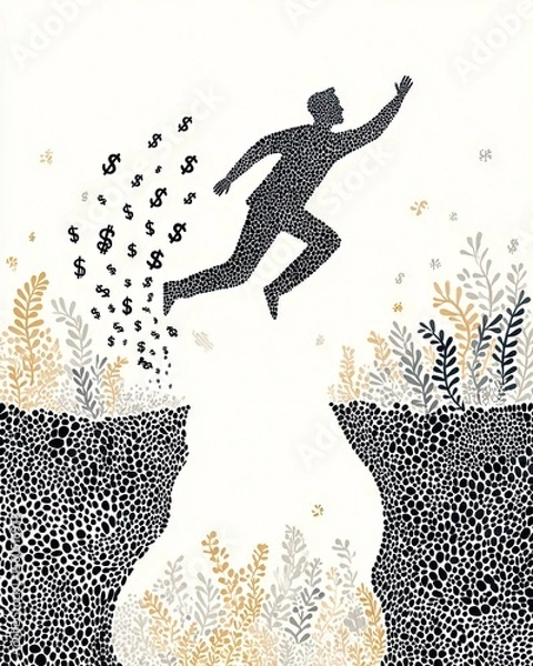 Fototapeta An abstract illustration depicting a person leaping over a gap, symbolizing aspiration, ambition, and the pursuit of wealth amid natural elements.