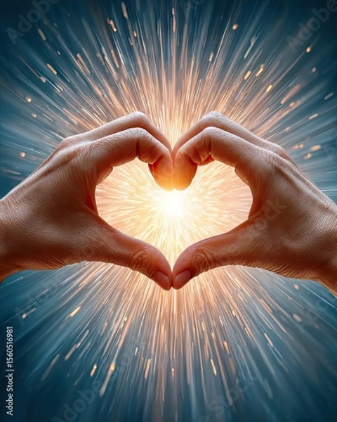 Fototapeta A pair of hands forming a heart shape with a glowing light emanating from the center, symbolizing love, positivity, and emotional connection in a vibrant, dynamic background.