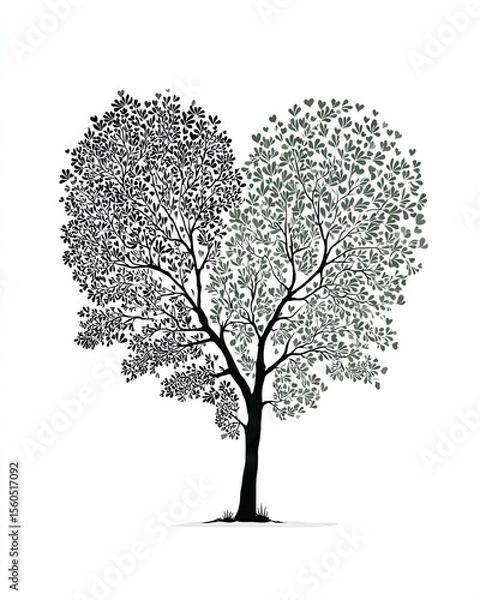 Fototapeta A unique illustration of a tree designed in the shape of a heart, featuring contrasting black and green leaves, symbolizing love and nature's harmony.