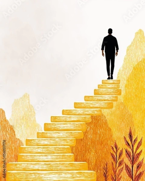 Fototapeta A silhouette of a person ascending golden stairs symbolizing wealth and success. The illustration captures the journey towards achievement in a creative, abstract manner.