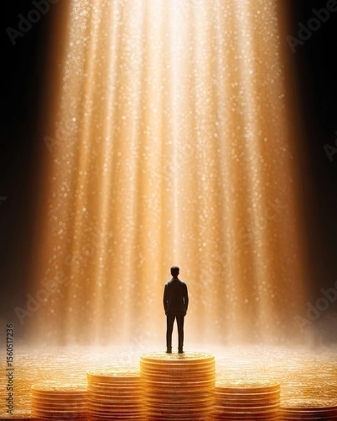 Fototapeta A silhouette of a person standing on golden coins, illuminated by a beam of light. This image symbolizes wealth, success, and the journey towards financial achievement.