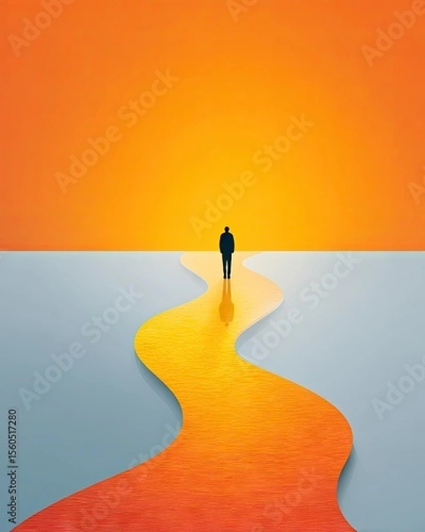 Fototapeta A solitary figure walks along a winding path, leading into a vibrant sunset