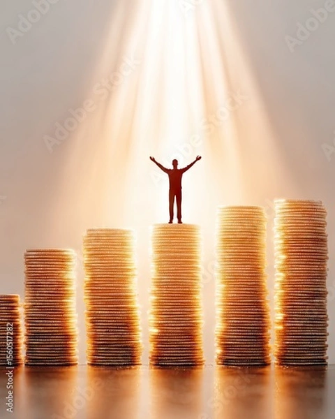 Fototapeta A small figurine stands triumphantly on a stack of coins, symbolizing success and wealth