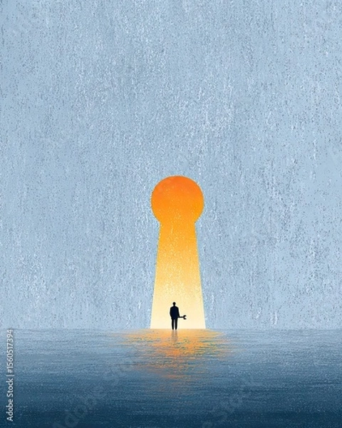 Fototapeta This artwork captures a solitary figure standing before a keyhole illuminated by a rising sun, symbolizing hope, discovery, and the journey towards new opportunities.