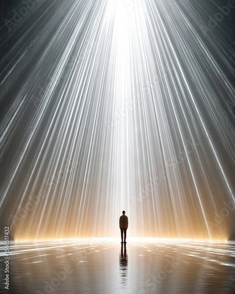 Fototapeta A solitary figure stands in a dramatic light beam, symbolizing introspection and enlightenment. This striking imagery evokes feelings of hope, clarity, and personal journey.