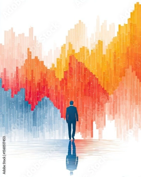 Fototapeta A silhouette of a businessman standing before vibrant, abstract financial graphs representing growth and market trends, conveying the essence of data-driven decision-making.