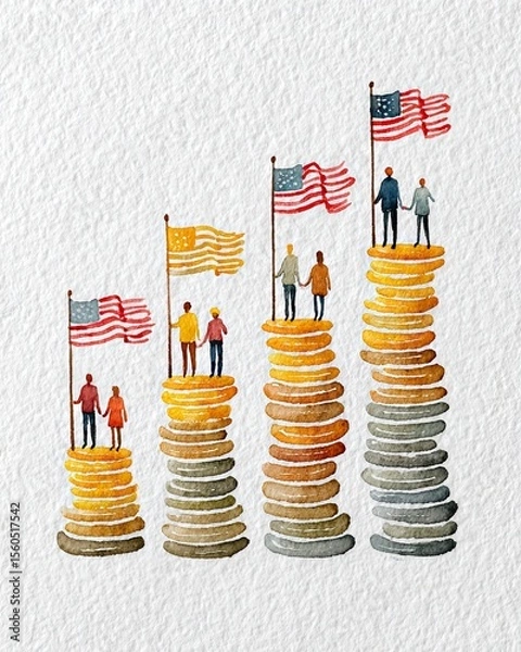 Fototapeta An artistic representation of growth and achievement, featuring diverse individuals standing atop stacks of coins, symbolizing economic success and aspiration in a dynamic marketpl
