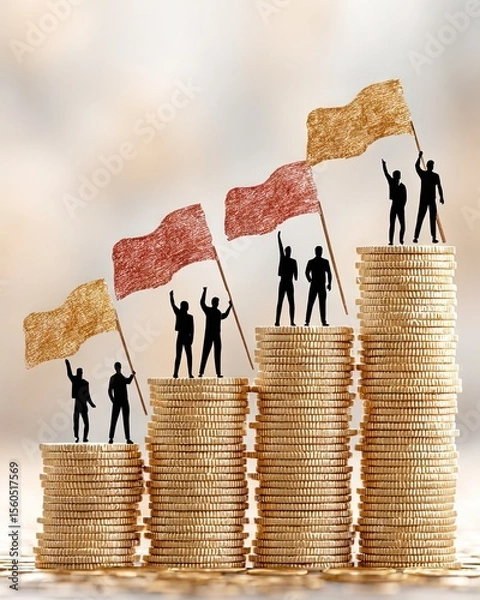 Fototapeta A creative representation of success and growth in finance, featuring silhouettes of people on coin stacks, holding flags to signify achievement and ambition in the business world.