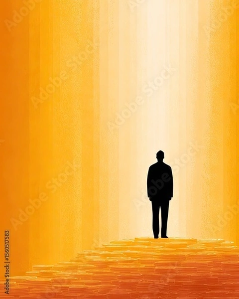Fototapeta A solitary silhouette stands on a staircase leading to a bright, warm light. This visual symbolizes hope, introspection, and the journey towards enlightenment and self-discovery.