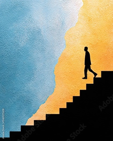 Fototapeta A silhouette of a person walking up a staircase against a vibrant backdrop of blue and orange, symbolizing progress, aspirations, and the journey of self-discovery.