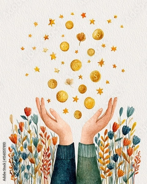 Fototapeta A whimsical illustration of hands reaching out with golden coins and stars floating above them, surrounded by colorful flowers, symbolizing abundance and dreams.