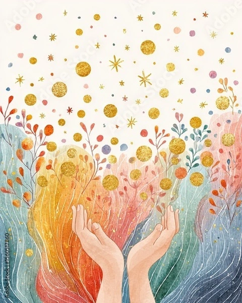 Fototapeta A vibrant illustration depicting two hands reaching upwards, surrounded by colorful waves and golden circles, symbolizing hope, creativity, and the beauty of life.