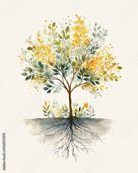 Fototapeta A beautifully illustrated tree with vibrant yellow leaves and intricate roots, representing growth and connection to nature. Perfect for eco-friendly and botanical themes.