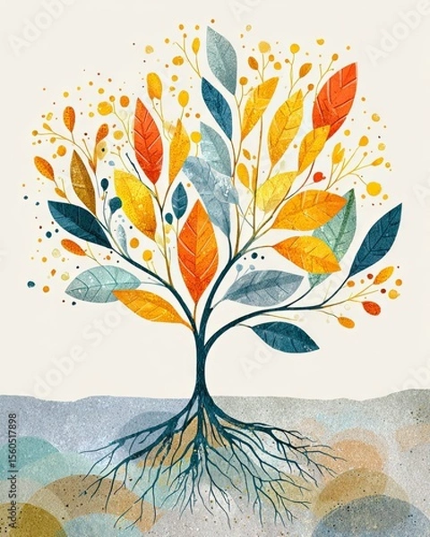 Obraz A vibrant and artistic depiction of a tree, showcasing colorful leaves and roots. This illustration symbolizes growth, nature, and the beauty of changing seasons.