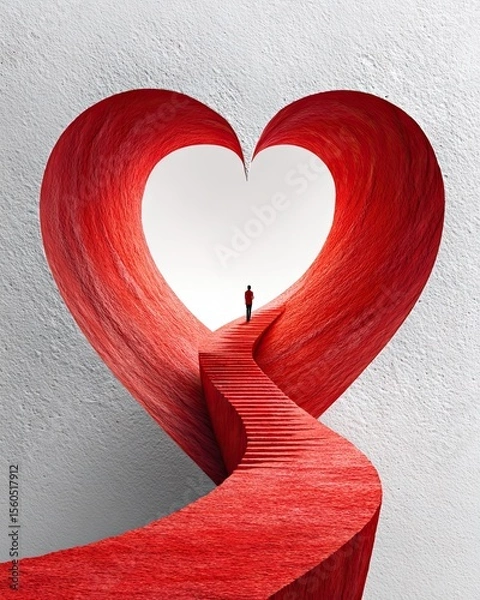 Fototapeta A surreal pathway leads through a heart-shaped opening, symbolizing love and connection. A solitary figure stands at the entrance, inviting viewers to explore deep emotions.