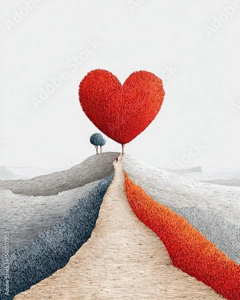 Fototapeta A whimsical landscape features a large heart-shaped tree symbolizing love and connection, set against a serene backdrop. A small tree beside it enhances the enchanting vibe.