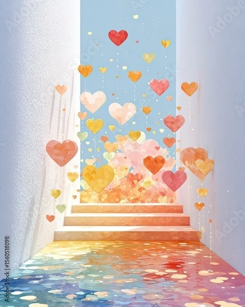 Fototapeta A vibrant digital illustration featuring colorful hearts cascading down a staircase, symbolizing love and joy in a whimsical and artistic manner.