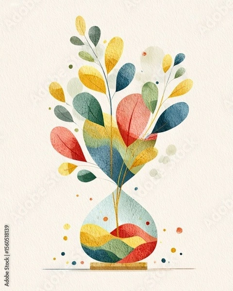 Fototapeta A vibrant watercolor illustration of a vase filled with colorful leaves and plants, showcasing an artistic blend of hues and shapes, ideal for adding a touch of nature to any space