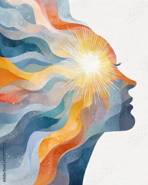 Fototapeta An artistic representation of a woman's profile, featuring vibrant waves of color emanating from her mind, symbolizing creativity, inspiration, and the power of thoughts.