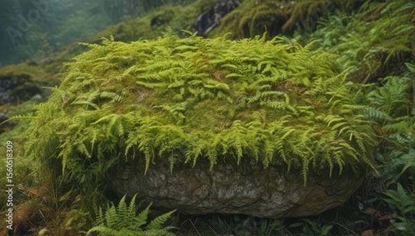 Fototapeta Ancient moss-covered stone slab in a fern-filled mountain wilderness , mountain scenery, botany, natural background