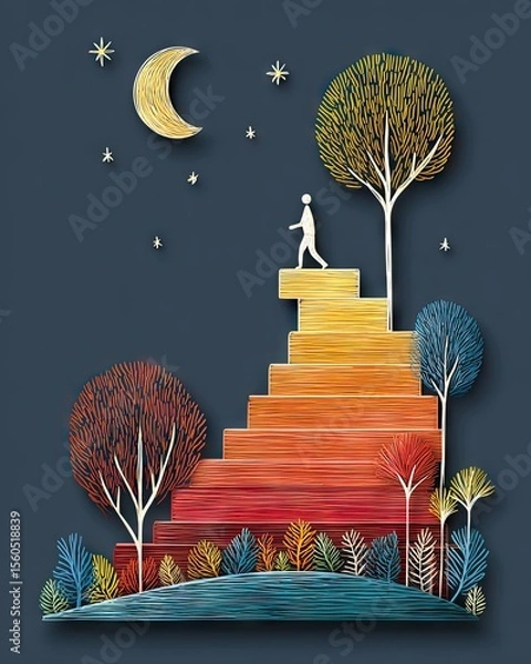 Fototapeta A whimsical paper-cut artwork depicting a figure ascending colorful steps, surrounded by trees and a starry night sky, symbolizing personal growth and adventure.