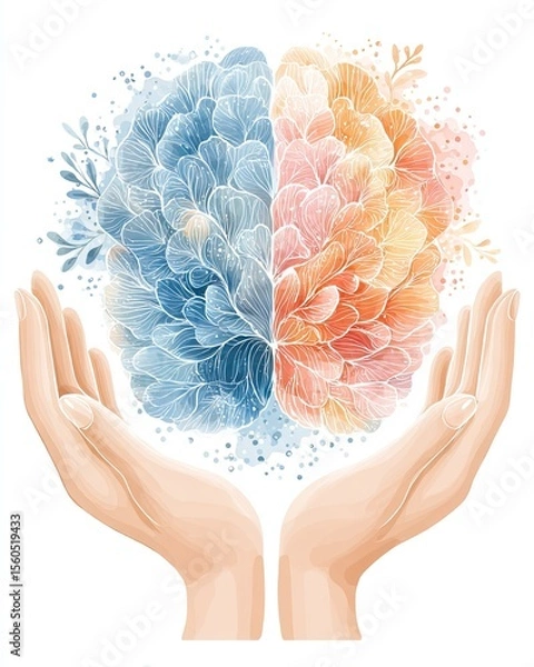 Fototapeta A creative illustration depicting the human brain divided into colorful halves, symbolizing balance and harmony between thoughts and emotions, supported by hands.