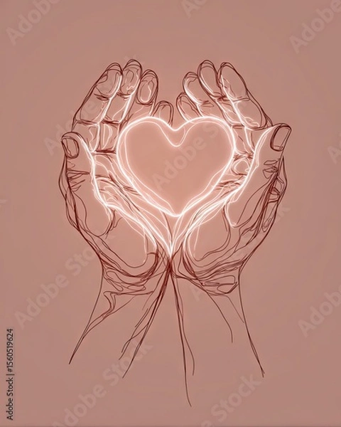 Fototapeta A pair of hands delicately cradles a glowing heart, symbolizing love, care, and emotional connection. This minimalist artwork can inspire warmth and compassion in various contexts.