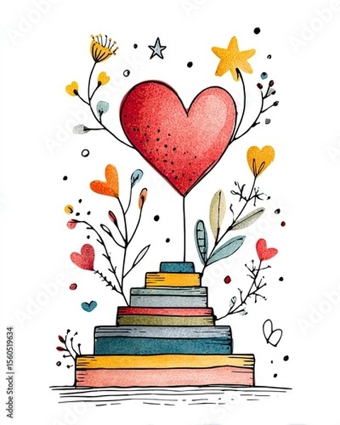 Fototapeta A vibrant illustration featuring a heart surrounded by colorful flowers and star motifs, symbolizing love, joy, and creativity in a whimsical artistic style.