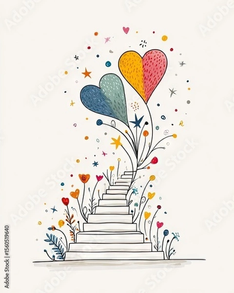 Fototapeta A whimsical illustration of colorful hearts and flowers emerging from a staircase. This vibrant artwork symbolizes growth, love, and the journey towards happiness.