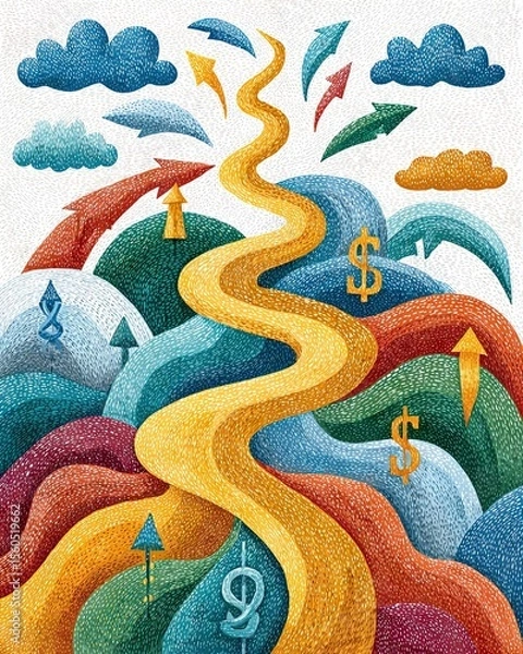 Fototapeta An abstract illustration depicting a winding road leading to financial growth, with colorful hills and symbols of money. Perfect for themes of success and innovation.