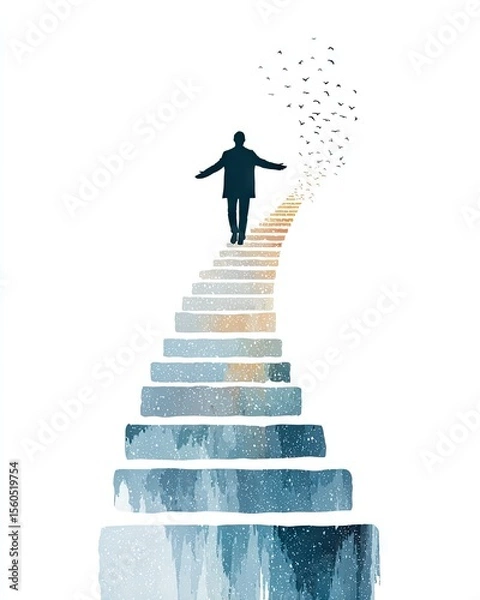 Fototapeta A silhouette of a person walking up an abstract staircase, symbolizing personal growth and enlightenment, surrounded by softly floating elements that evoke a sense of freedom.