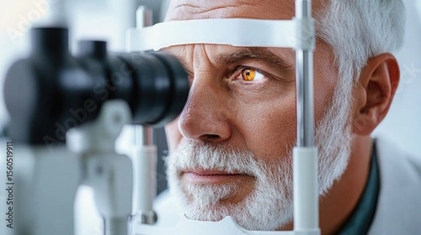 Fototapeta Senior man undergoes a comprehensive eye examination using advanced ophthalmic equipment, ensuring optimal vision health and early detection of potential age-related eye conditions at an eye clinic.