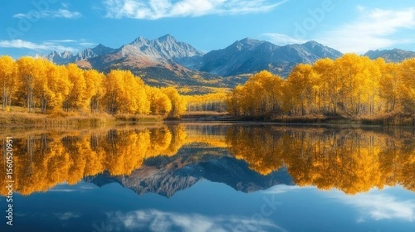 Fototapeta Crystal Lake reflects golden aspen trees and majestic mountains under a clear blue sky creating a breathtaking autumn landscape, showcasing the season's vibrant colors and serene beauty