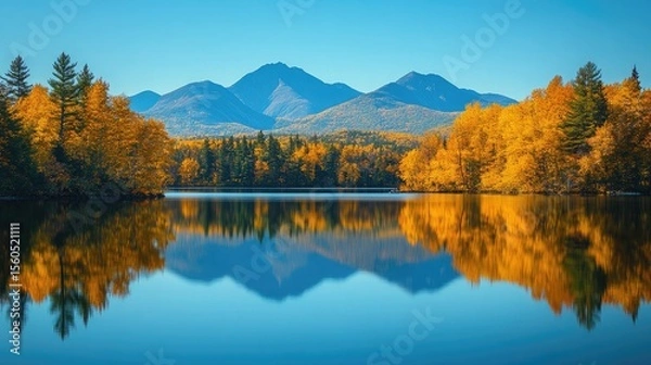 Fototapeta Crisp mountain landscape featuring autumn foliage reflected beautifully in the tranquil lake waters with clear blue skies creating a scenic panorama of nature's artistry