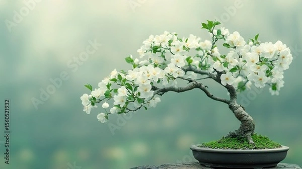 Fototapeta A blossoming bonsai tree showcases delicate white flowers and lush green leaves against a serene, soft-focus backdrop, embodying peace, balance, and the art of miniaturization.