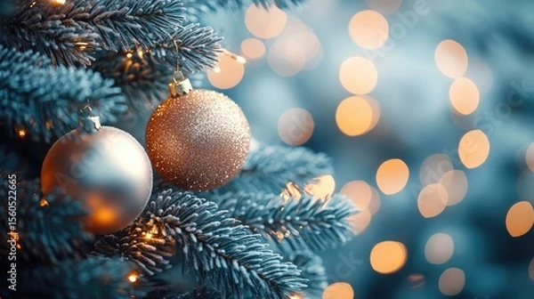 Fototapeta Festive season brings cheer with golden Christmas ornaments adorning a frosted pine tree, bathed in the warm glow of twinkling lights creating a cozy holiday atmosphere.
