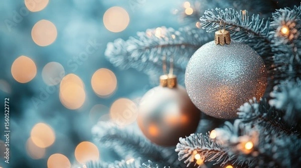 Fototapeta Festive holiday spirit shines with silver and gold Christmas ornaments adorning a frosted pine branch, creating a warm and inviting ambiance with sparkling bokeh lights.