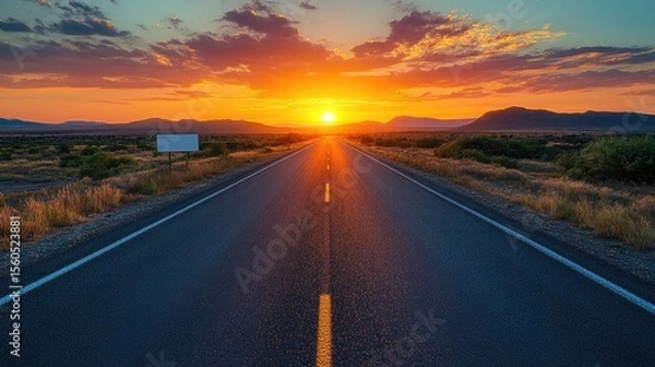 Fototapeta A vast desert road stretches toward a vibrant sunset, promising adventure and travel, showcasing the beauty of the American landscape with clear skies and distant mountains.