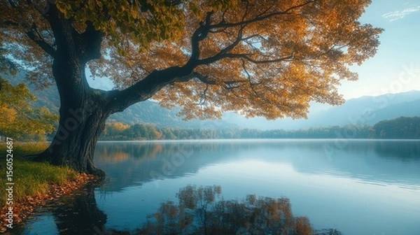 Fototapeta Serene autumn lake landscape with a large tree adorned with golden leaves reflecting in the water, creating a peaceful and scenic view of nature's beauty.